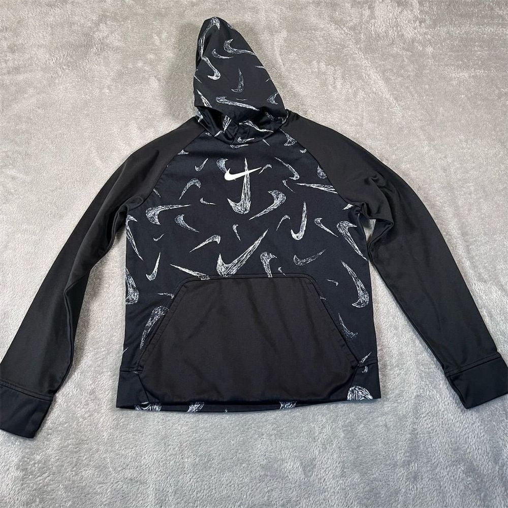 Nike Kids Hoodie Black Pullover Size L Long Sleeve Logo AOP Swoosh